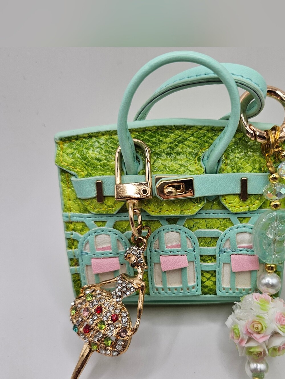 Blue and Lime Women's Mini Tote Bag with Chain And Rhinestone Ballerina Charm